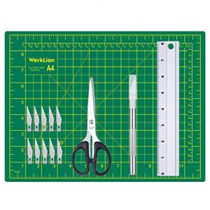 worklion craft knife and mat set: precision carving utility knive &10 pcs replacement blades & self-healing cutting mat 12 x 9 & multipurpose scissors & aluminium ruler for art craft projects