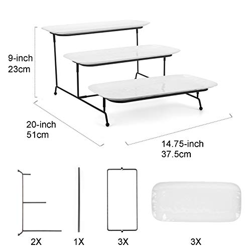 3 Tiered Serving Platter, 3-Piece 14.75" Melamine Tray and Tier Rack, Rectangular Food Display Stand with White Melamine Platters - Serving Trays for Parties