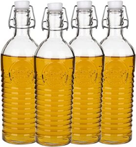 nicunom 4 pack flip top glass bottle, 40 oz. / 1.2 liter clear glass pitcher swing top brewing bottle with stopper for beverages, oils, kombucha, beer, kiefer, water, soda, airtight seal & metal clamp