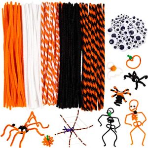 whaline 450pcs halloween pipe cleaners set includes 5 colors chenille stems 5 sizes wiggle googly eyes 4 sizes pompoms for halloween party diy art craft supplies (black, orange, white)