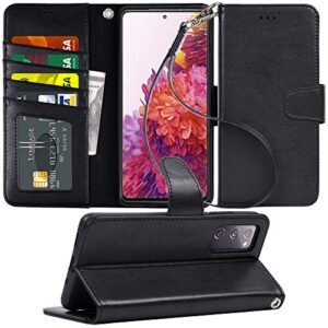 arae case for samsung galaxy s20 fe 5g pu leather wallet case cover [stand feature] with wrist strap and [4-slots] id&credit cards pocket for galaxy s20 fe 5g 6.5 inch - black