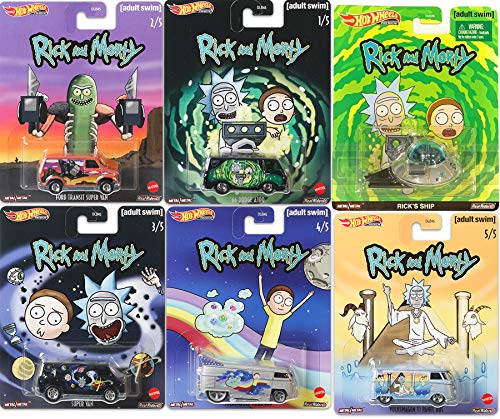 Hot Wheels Galactic Rick & Morty Cars Vans Spaceships Pop Culture Premium Set Bundle Volkswagen Bus + VW T1 + Ford Super Transit & Flying Saucer Ship 6 Items