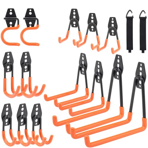 Dorisy Upgraded 16 Packs Garage Hooks Utility Double Heavy Duty with Mop Broom Holders, Wall Mount Hooks, Garage Storage Organization and Tool Hangers for Power ＆ Garden Tools, Ladders, Bikes(Orange)