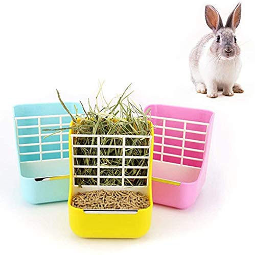 Rabbit Feeder Bunny Guinea Pig Hay Feeder, Hay Food Bin Feeder, Hay and Food Feeder Bowls Manger Rack for Rabbit Guinea Pig Chinchilla (6*6*7 Inches, Blue)