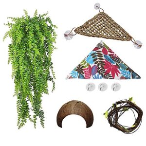 PINVNBY Bearded Dragon Habitat Decor Reptile Hammock Lizard Terrarium Lounger Ladder Accessories Coconut Shell Hut Hideout Cave Natural Seagrass Jungle Climber Tank Decoration for Gecko,Snake(5 Pcs)