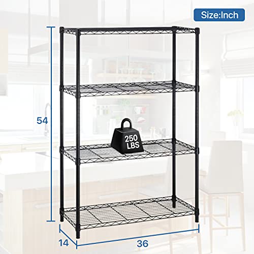 4 Tier Storage Shelves, Heavy Duty Metal Wire Storage Rack, 250LBS Per Capacity, Height Adjustable NSF Wire Shelving for Garage Kitchen Pantry (Black, 36" L x 14" W x 54" H)