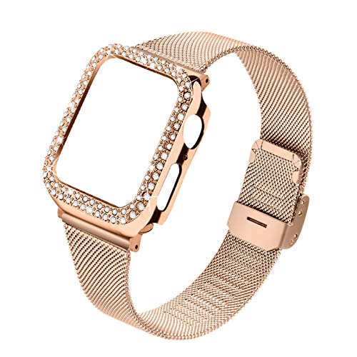 JOYOZY Stainless Steel Mesh bands Compatible For Apple Watch 40mm,Women Bling Protective Crystal Diamond Case with Loop Mesh Strap For Apple watch Series 6/SE/5/4 (No Tool Needed) (Rose Gold, 40MM)