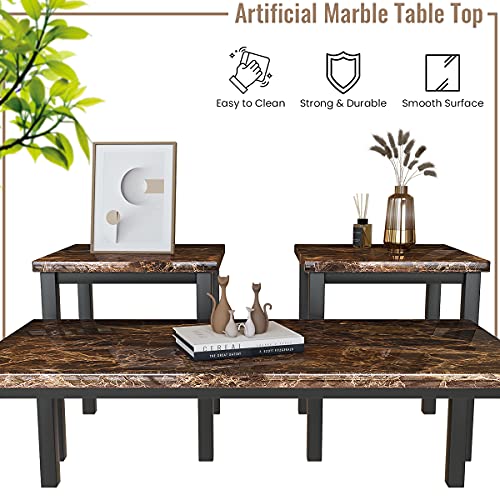 DKLGG Faux Marble Coffee Table Set of 3 Piece, Living Room Table Set Coffee Table & 2pcs End Table with Metal Frame Sofa Side Tables Perfect for Living Room Apartment Accent Furniture