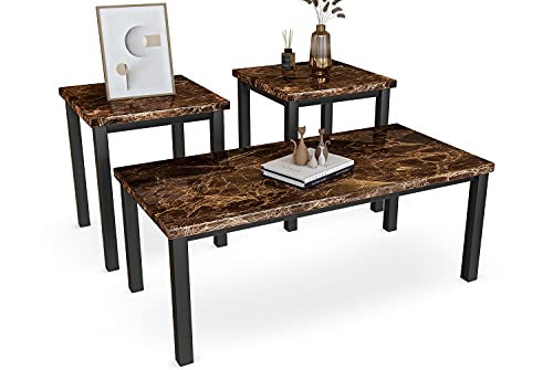 DKLGG Faux Marble Coffee Table Set of 3 Piece, Living Room Table Set Coffee Table & 2pcs End Table with Metal Frame Sofa Side Tables Perfect for Living Room Apartment Accent Furniture