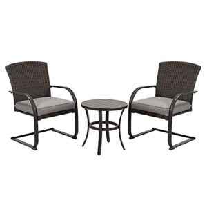 grand patio 3 piece bistro set, outdoor patio rocking wicker chairs with removable cushions and small coffee table, heavy duty funiture set for porch, balcony, patio, deck backyard, garden, grey