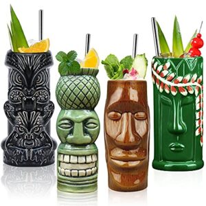 tiki mugs cocktail set of 4 - large ceramic hawaiian party mugs drinkware, cute exotic cocktail glasses, tiki bar professional hawaiian party barware, tkset0012 (4 pack)