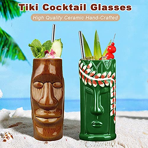 Tiki Mugs Cocktail Set of 4 - Large Ceramic Hawaiian Party Mugs Drinkware, Cute Exotic Cocktail Glasses, Tiki Bar Professional Hawaiian Party Barware, TKSET0012 (4 pack)