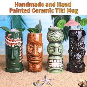 Tiki Mugs Cocktail Set of 4 - Large Ceramic Hawaiian Party Mugs Drinkware, Cute Exotic Cocktail Glasses, Tiki Bar Professional Hawaiian Party Barware, TKSET0012 (4 pack)