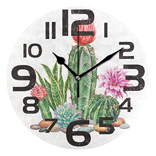 Oreayn Tropical Cactus Flower Wall Clock for Home Office Bedroom Living Room Decor Non Ticking Green