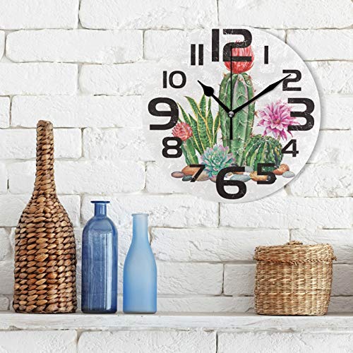 Oreayn Tropical Cactus Flower Wall Clock for Home Office Bedroom Living Room Decor Non Ticking Green