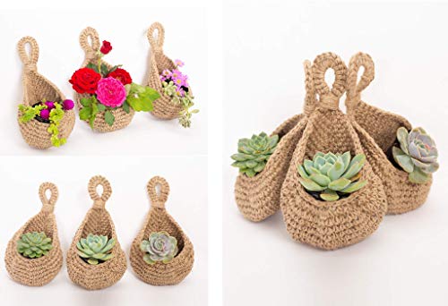 N?A Jute Hanging Basket Wall planters-Small Wall Planter, Teardrop Hanging Baskets for Plants Succulent Wall Decor, Hanging Herb Pot Holder 3 inch Outside Diameter for in/Outdoor Fence Planter