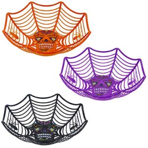 triumpeek halloween party supplies, set of 3 halloween plastic trick treat bowls, candy bowl holder halloween spider web bowl for day of the dead in orange, purple and black