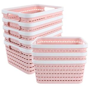 8 pack plastic storage basket 9.2 x 6.8 x 4.7 inch, acrux7 portable plastic weave kitchen refrigerator basket bathroom desktop storage box for kitchen, bathroom and cabinet (pink)