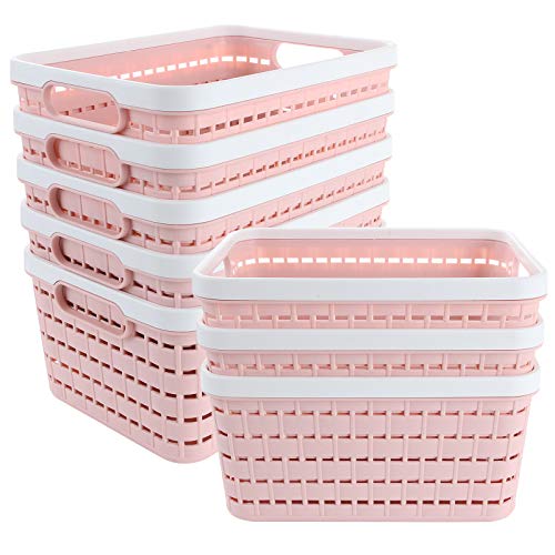 8 Pack Plastic Storage Basket 9.2 x 6.8 x 4.7 Inch, Acrux7 Portable Plastic Weave Kitchen Refrigerator Basket Bathroom Desktop Storage Box for Kitchen, Bathroom and Cabinet (Pink)