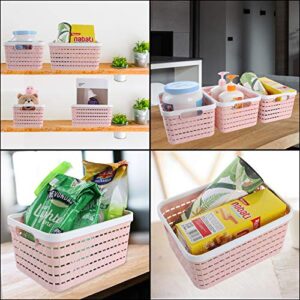 8 Pack Plastic Storage Basket 9.2 x 6.8 x 4.7 Inch, Acrux7 Portable Plastic Weave Kitchen Refrigerator Basket Bathroom Desktop Storage Box for Kitchen, Bathroom and Cabinet (Pink)