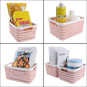 8 Pack Plastic Storage Basket 9.2 x 6.8 x 4.7 Inch, Acrux7 Portable Plastic Weave Kitchen Refrigerator Basket Bathroom Desktop Storage Box for Kitchen, Bathroom and Cabinet (Pink)