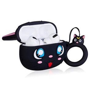 Jowhep Case for AirPod Pro 2019/Pro 2 Gen 2022 Cartoon Design Cute Silicone Cover with Keychain Funny Soft Protective Skin for Air Pods Pro Girls Boys Kawaii Shell Cases for AirPods Pro Black Luna Cat