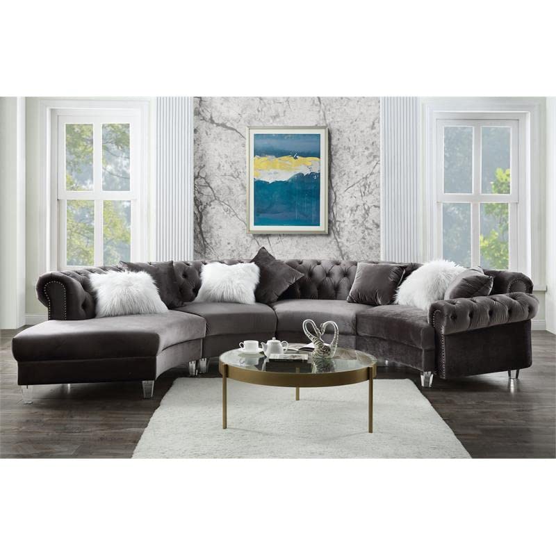 Acme Furniture Velvet Upholstered Sectional Sofa with 7 Pillows, Gray