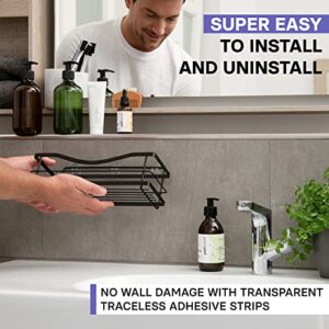 KINCMAX Shower Caddy, Stainless Steel, Adhesive Wall Mount Drill-Free Baskets with Hooks (Matte Black)