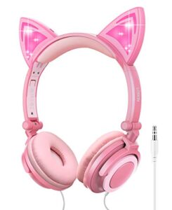 lobkin foldable wired over ear kids headphone with glowing light for girls children cosplay fans,cat ear headphones (peach)