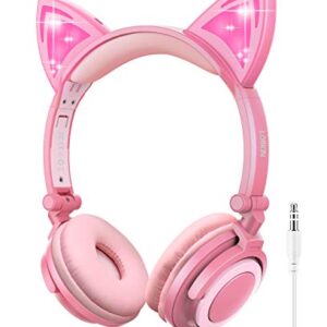 LOBKIN Foldable Wired Over Ear Kids Headphone with Glowing Light for Girls Children Cosplay Fans,Cat Ear Headphones (Peach)