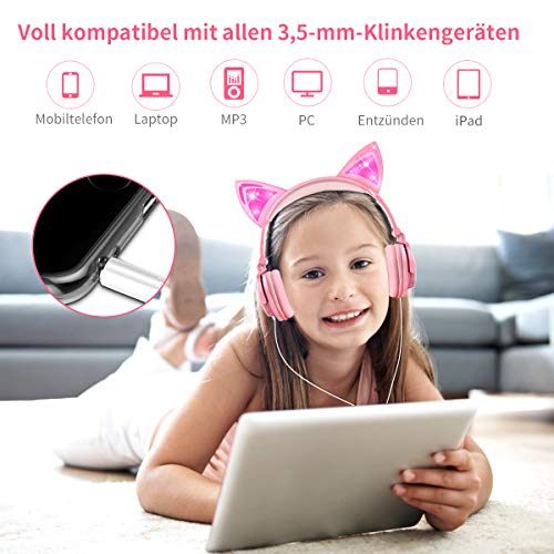 LOBKIN Foldable Wired Over Ear Kids Headphone with Glowing Light for Girls Children Cosplay Fans,Cat Ear Headphones (Peach)