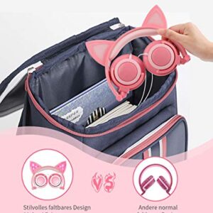 LOBKIN Foldable Wired Over Ear Kids Headphone with Glowing Light for Girls Children Cosplay Fans,Cat Ear Headphones (Peach)