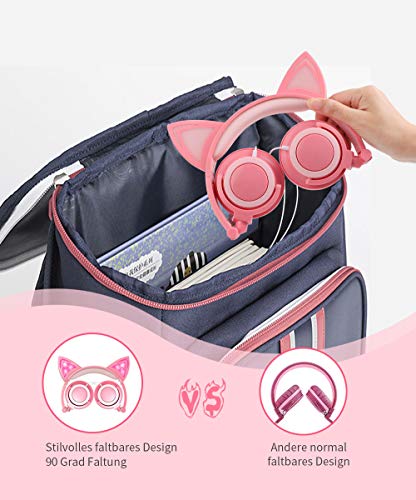 LOBKIN Foldable Wired Over Ear Kids Headphone with Glowing Light for Girls Children Cosplay Fans,Cat Ear Headphones (Peach)