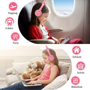 LOBKIN Foldable Wired Over Ear Kids Headphone with Glowing Light for Girls Children Cosplay Fans,Cat Ear Headphones (Peach)