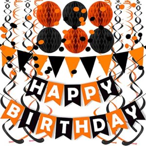 fecedy black orange happy birthday banner paper triangle flag bunting circle confetti dots hanging garland and honeycomb ball swirl streamers for birthday baby shower halloween party decoration