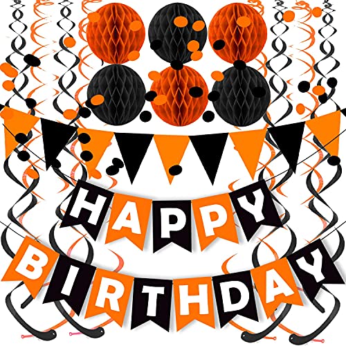 Fecedy Black Orange Happy Birthday Banner Paper Triangle Flag Bunting Circle Confetti Dots Hanging Garland and Honeycomb Ball Swirl Streamers for Birthday Baby Shower Halloween Party Decoration