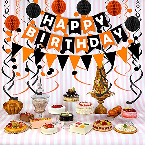 Fecedy Black Orange Happy Birthday Banner Paper Triangle Flag Bunting Circle Confetti Dots Hanging Garland and Honeycomb Ball Swirl Streamers for Birthday Baby Shower Halloween Party Decoration