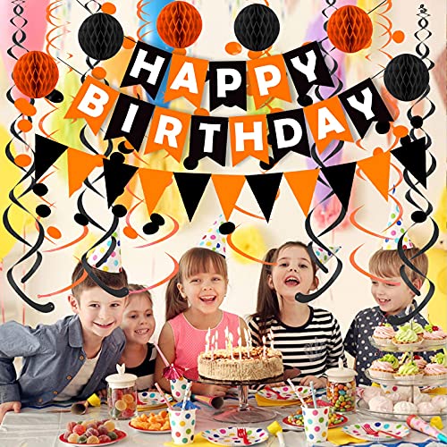 Fecedy Black Orange Happy Birthday Banner Paper Triangle Flag Bunting Circle Confetti Dots Hanging Garland and Honeycomb Ball Swirl Streamers for Birthday Baby Shower Halloween Party Decoration