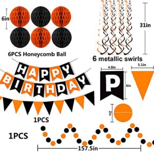 Fecedy Black Orange Happy Birthday Banner Paper Triangle Flag Bunting Circle Confetti Dots Hanging Garland and Honeycomb Ball Swirl Streamers for Birthday Baby Shower Halloween Party Decoration