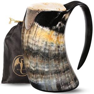 viking horn mug - 100% authentic 16oz - ultimate unique handmade ox horn norse mug for hot & cold drinks with gift bag - food grade medieval style man's beer & mead cup…