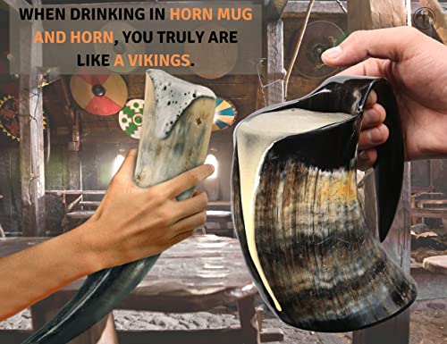 Viking Horn Mug - 100% Authentic 16oz - Ultimate Unique Handmade Ox Horn Norse Mug for Hot & Cold Drinks with Gift Bag - Food Grade Medieval Style Man's Beer & Mead Cup…