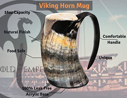 Viking Horn Mug - 100% Authentic 16oz - Ultimate Unique Handmade Ox Horn Norse Mug for Hot & Cold Drinks with Gift Bag - Food Grade Medieval Style Man's Beer & Mead Cup…