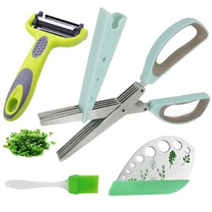 Herb Scissors with 5 Blades and Cover, Herb Stripper Tool Kit, Vegetables Potato Fruits Peeler, 3 Stainless Kitchen Gadget Set Cutter Chopper with Cleaning Combs, Graters