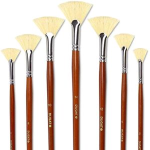 dugato artist fan paint brush set of 7, white hog bristle natural hair anti-shedding brush tips, long wooden handle for comfortable holding, great for acrylic watercolor oil painting