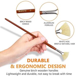 DUGATO Artist Fan Paint Brush Set of 7, White Hog Bristle Natural Hair Anti-Shedding Brush Tips, Long Wooden Handle for Comfortable Holding, Great for Acrylic Watercolor Oil Painting