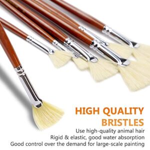 DUGATO Artist Fan Paint Brush Set of 7, White Hog Bristle Natural Hair Anti-Shedding Brush Tips, Long Wooden Handle for Comfortable Holding, Great for Acrylic Watercolor Oil Painting