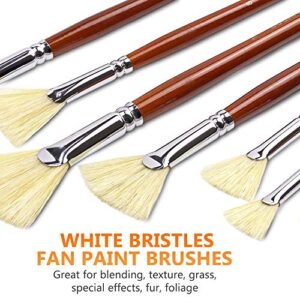 DUGATO Artist Fan Paint Brush Set of 7, White Hog Bristle Natural Hair Anti-Shedding Brush Tips, Long Wooden Handle for Comfortable Holding, Great for Acrylic Watercolor Oil Painting