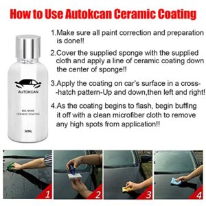 Autokcan Nano Ceramic Coating for Cars, 10H High Gloss 50ML Anti-Scratch SiO2 Ceramic Coating Super Hydrophobic Mirror Paint Sealant Protection with Gloves 2 Years Warranty