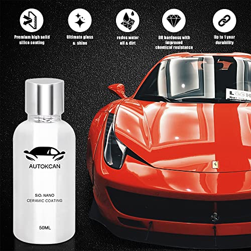 Autokcan Nano Ceramic Coating for Cars, 10H High Gloss 50ML Anti-Scratch SiO2 Ceramic Coating Super Hydrophobic Mirror Paint Sealant Protection with Gloves 2 Years Warranty