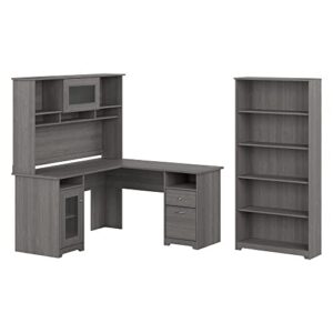 bush furniture cabot l desk with hutch and 5 shelf bookcase, 60w, modern gray
